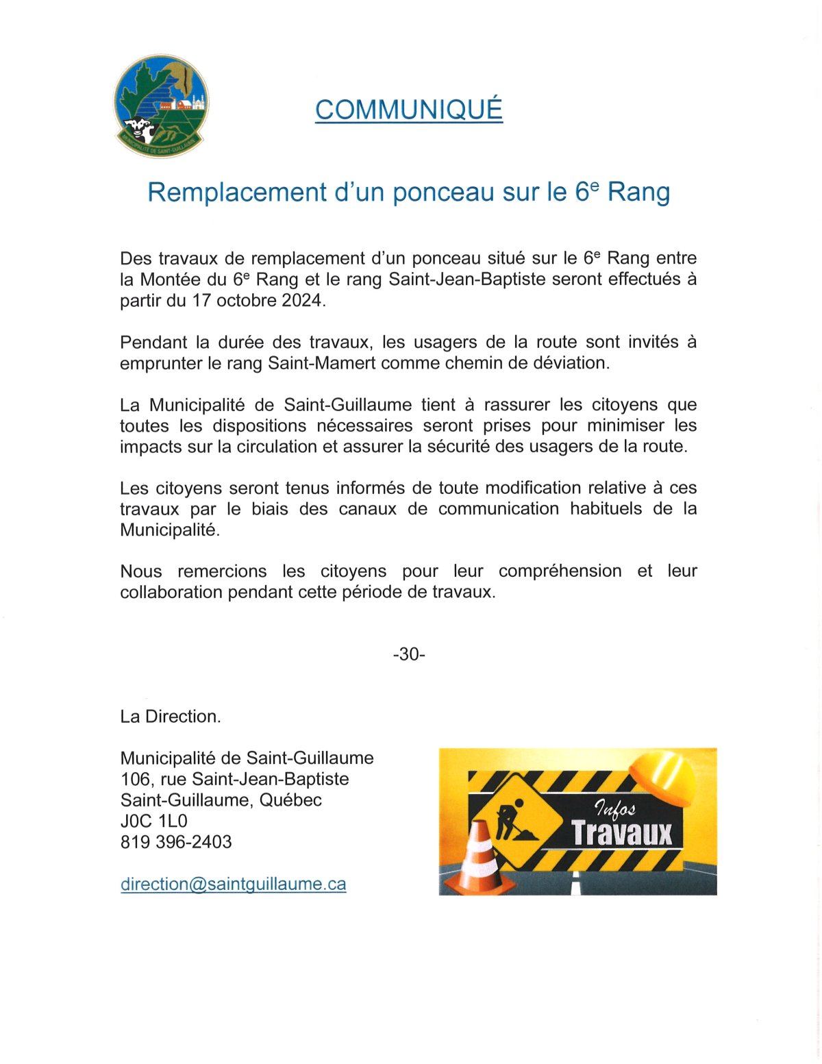 Remplacement d'un ponceau sur le 6e rang