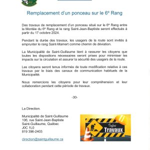 Remplacement d'un ponceau sur le 6e rang